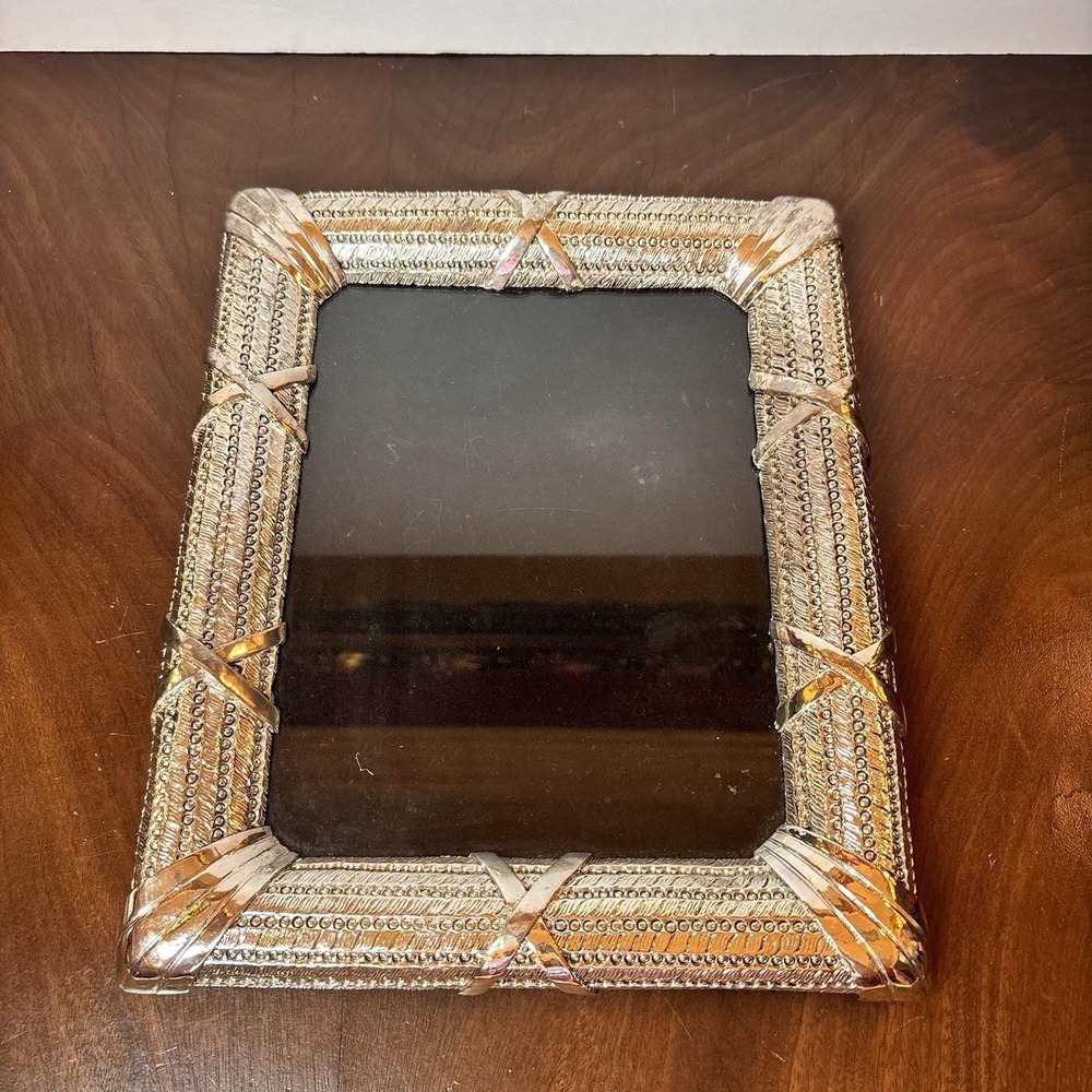 Vintage Silver 8x10 Picture Frame Ornate Ribbon Bow Beaded Easel Back Decor